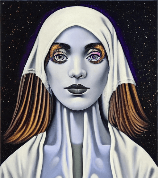 AI generated: Oil painting, high resolution 8k, Magritte master painter,  
young lady close up black and white  fa...