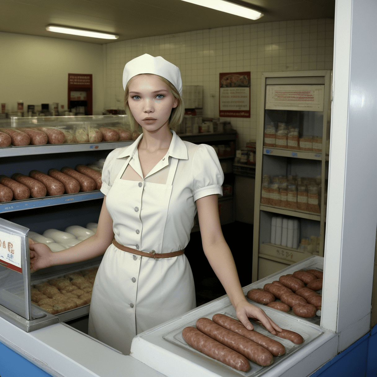 AI generated: A milk and sausage saleswoman sasha luss stands behind the counter of an old Soviet store during a p...