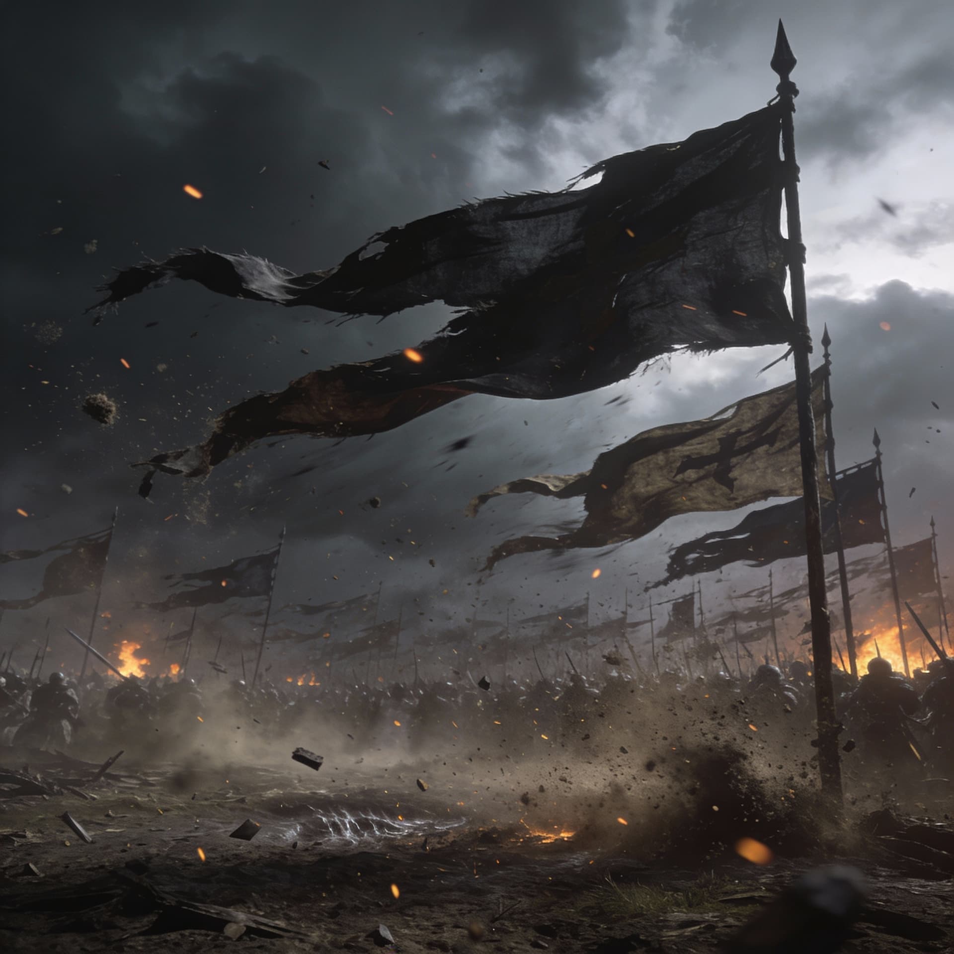 AI generated: Epic fantasy medieval battlefield after a massive war. Strong wind blowing across the scene, violent...