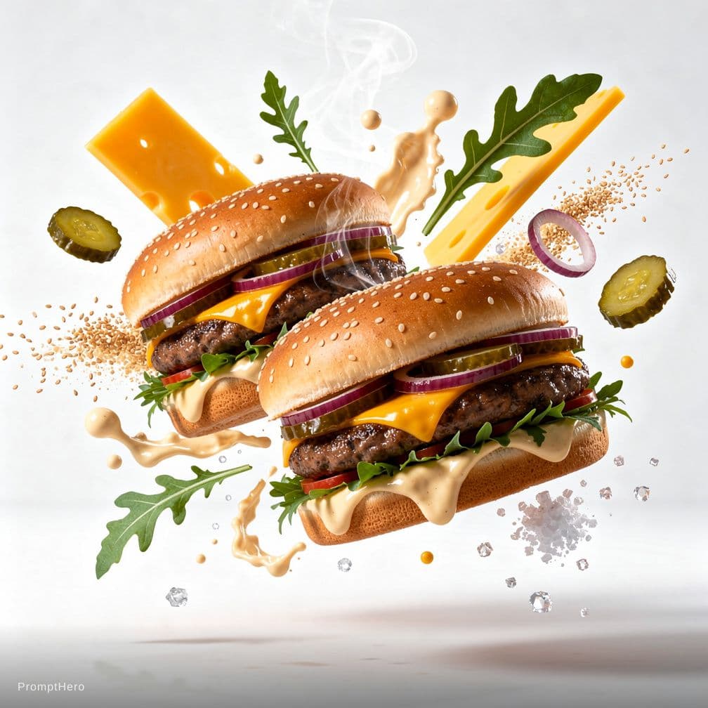 AI generated: Flying food photography featuring two gourmet burgers as the main subject.
Dynamic composition with ...