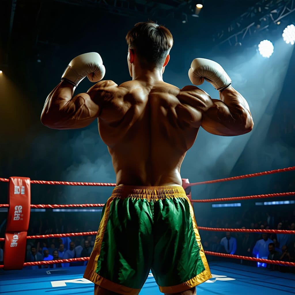 AI generated: powerful boxer stands in the ring and flexes his biceps, hyper realism, high detail, octane render; ...