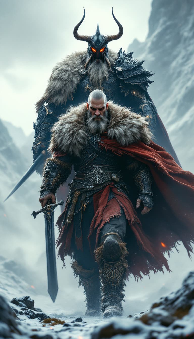 AI generated: An ultra-realistic, zoomed out, front facing full-body portrait of a towering Berserker, his fur-lin...