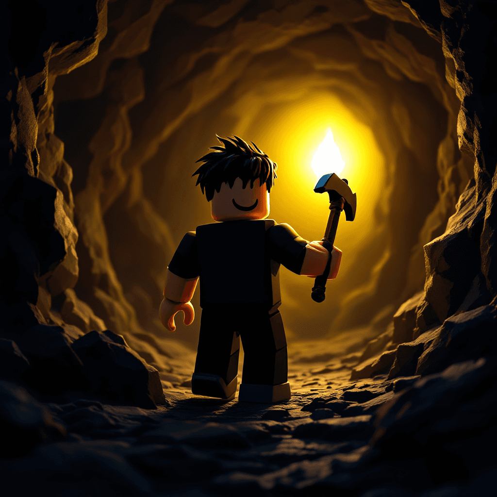 AI generated: Robloxian with default skin holding a pickaxe, entering a dark cave, dim torchlight casting shadows ...