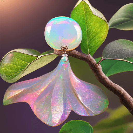 AI generated: a delicate apple made of opal hung on branch in the early morning light, adorned with glistening dew...