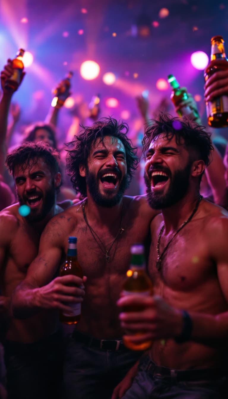 AI generated: A medium close-up shot of a group of men dancing energetically with bottles of alcohol in their hand...