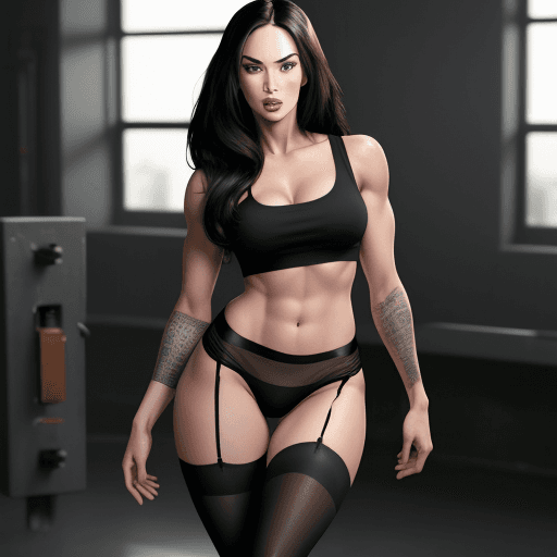 AI generated: megan fox, dark hair, 4k, fit, tight black underwear, muscular, stockings

