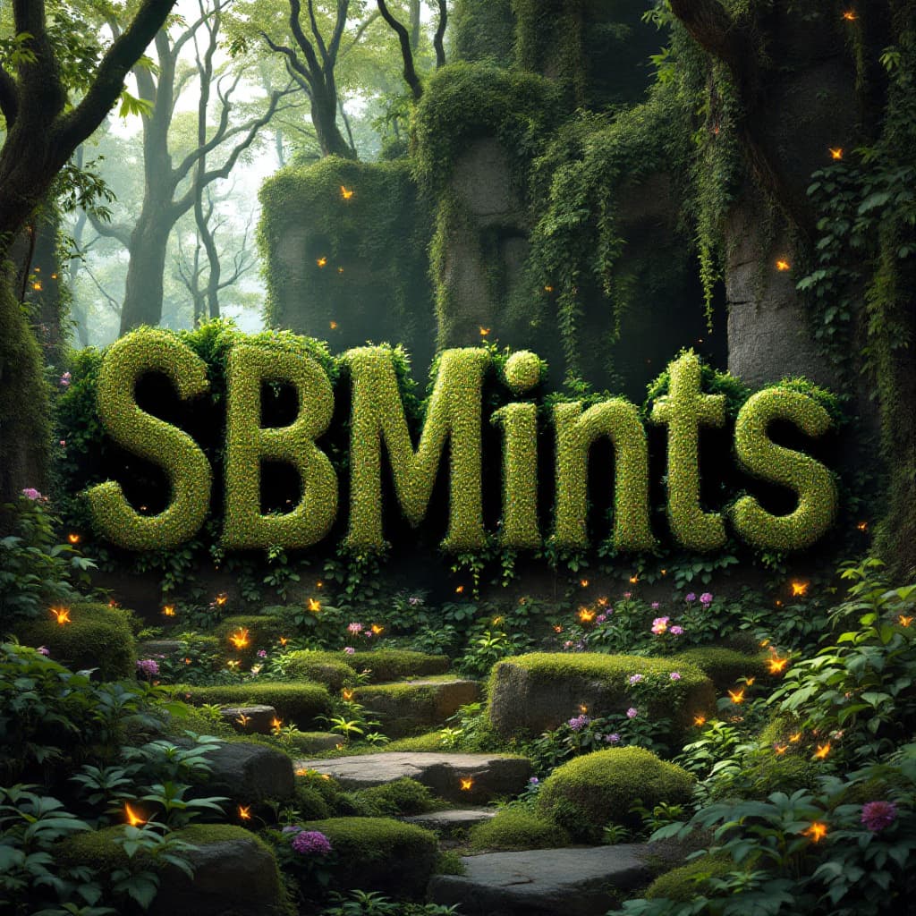 AI generated:  A dense, overgrown forest where the text 'SBMints' is sculpted from moss-covered stone ruins. Ivy, ...