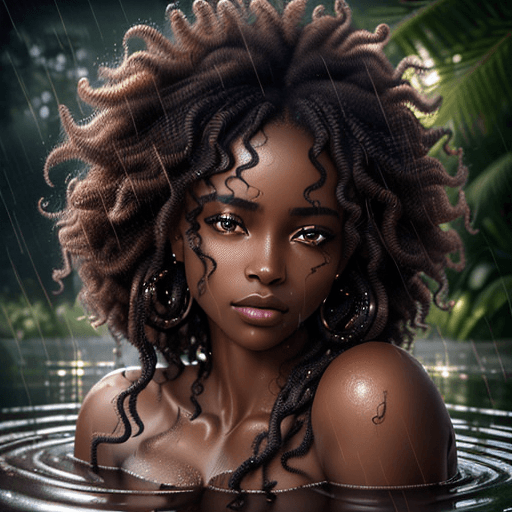 AI generated: An exquisite portrait of an African woman with fair skin and a realistic curly hair bathing in the p...