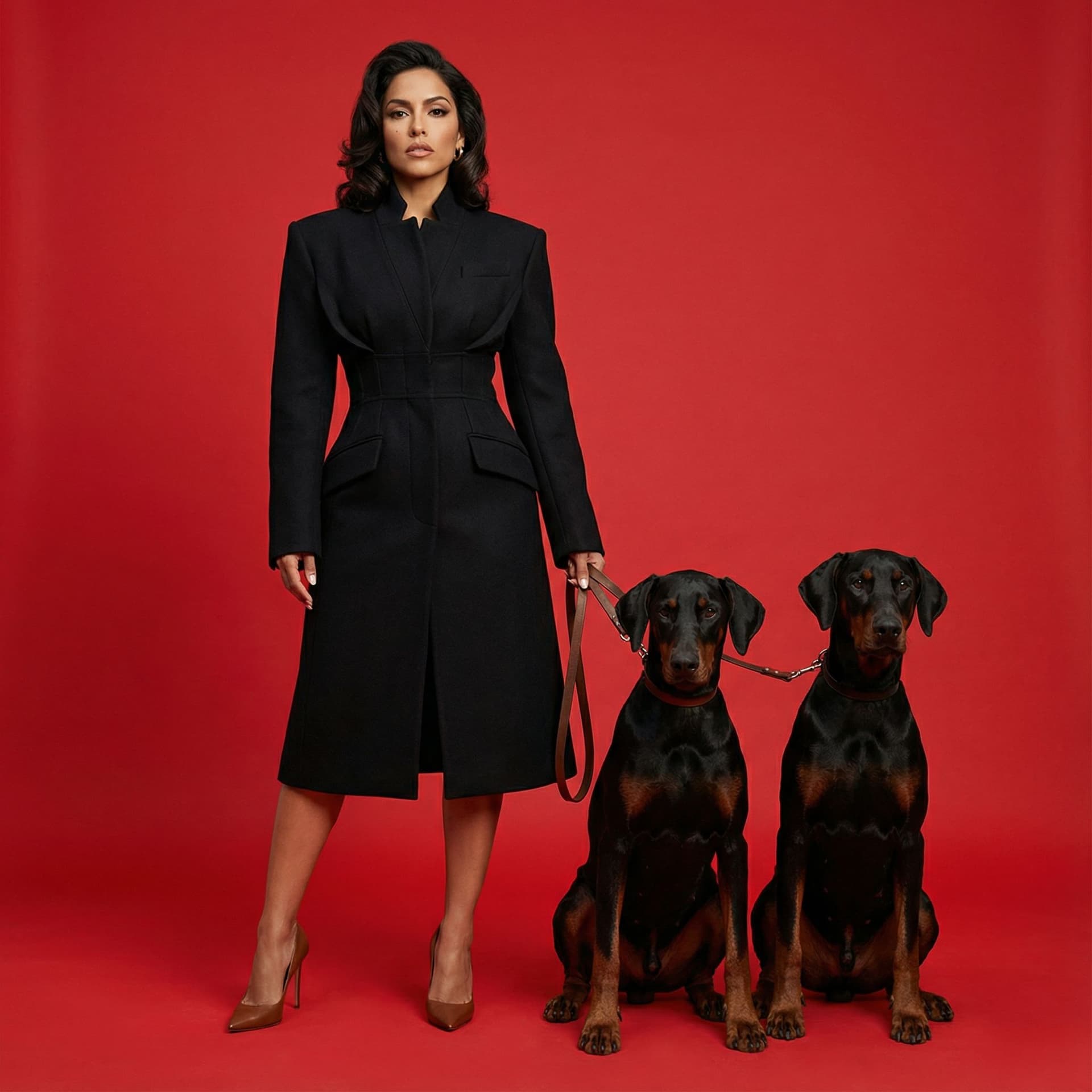 AI generated: Embodying fierce elegance and confidence, this striking Latina woman commands attention in a tailore...