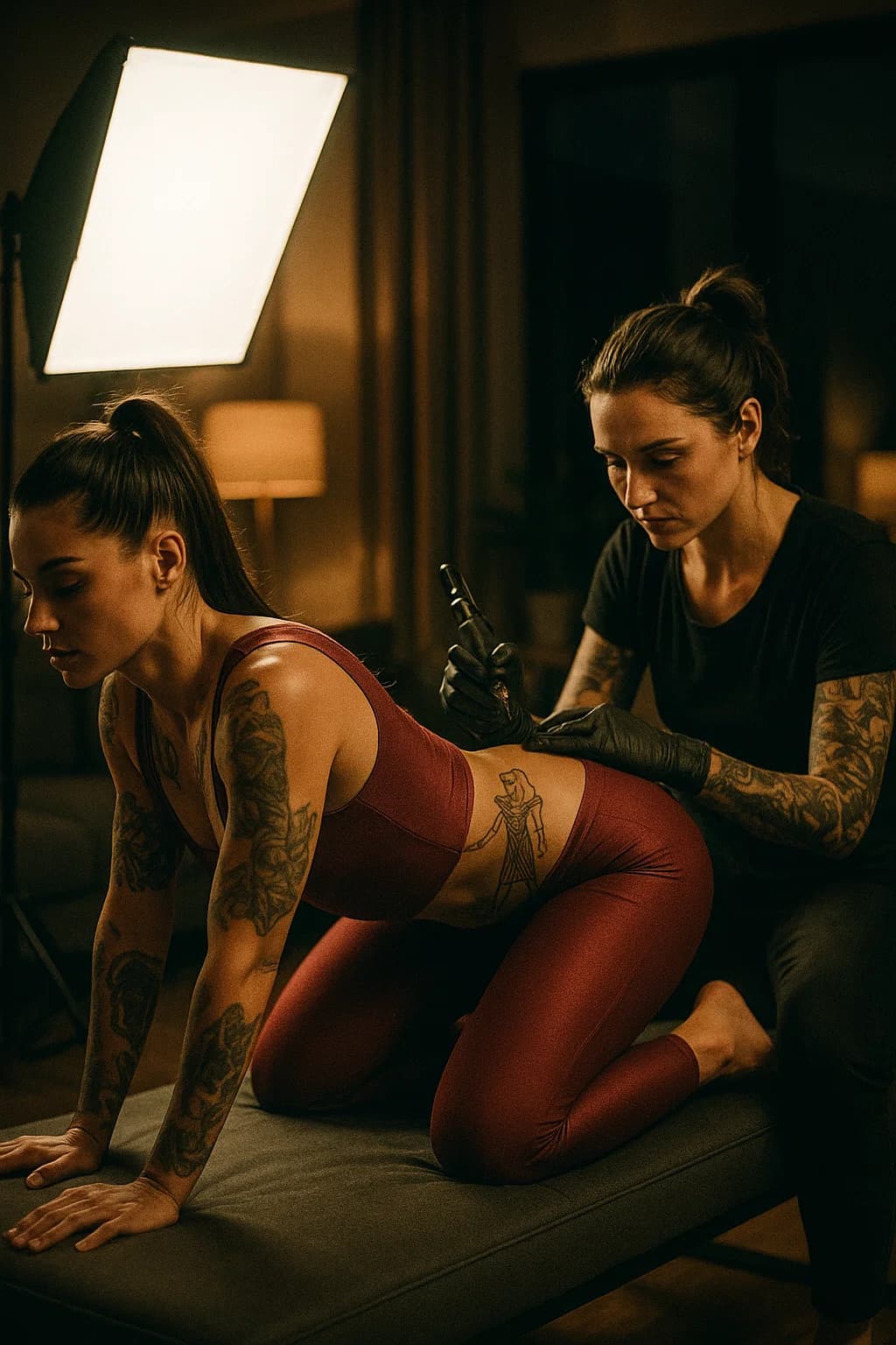 AI generated: A hyper-realistic cinematic 8K HDR lifestyle photo of the same private home tattoo session in a styl...