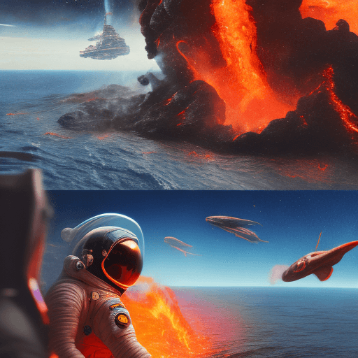 AI generated: space astronaut in spacesuit and flying past lava and fire, in the style of hyperrealistic marine li...