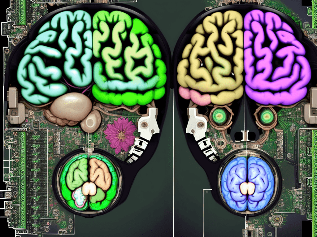 AI generated: an overhead view of a human brain showing the left and right hemispheres.  The left hemisphere is fi...