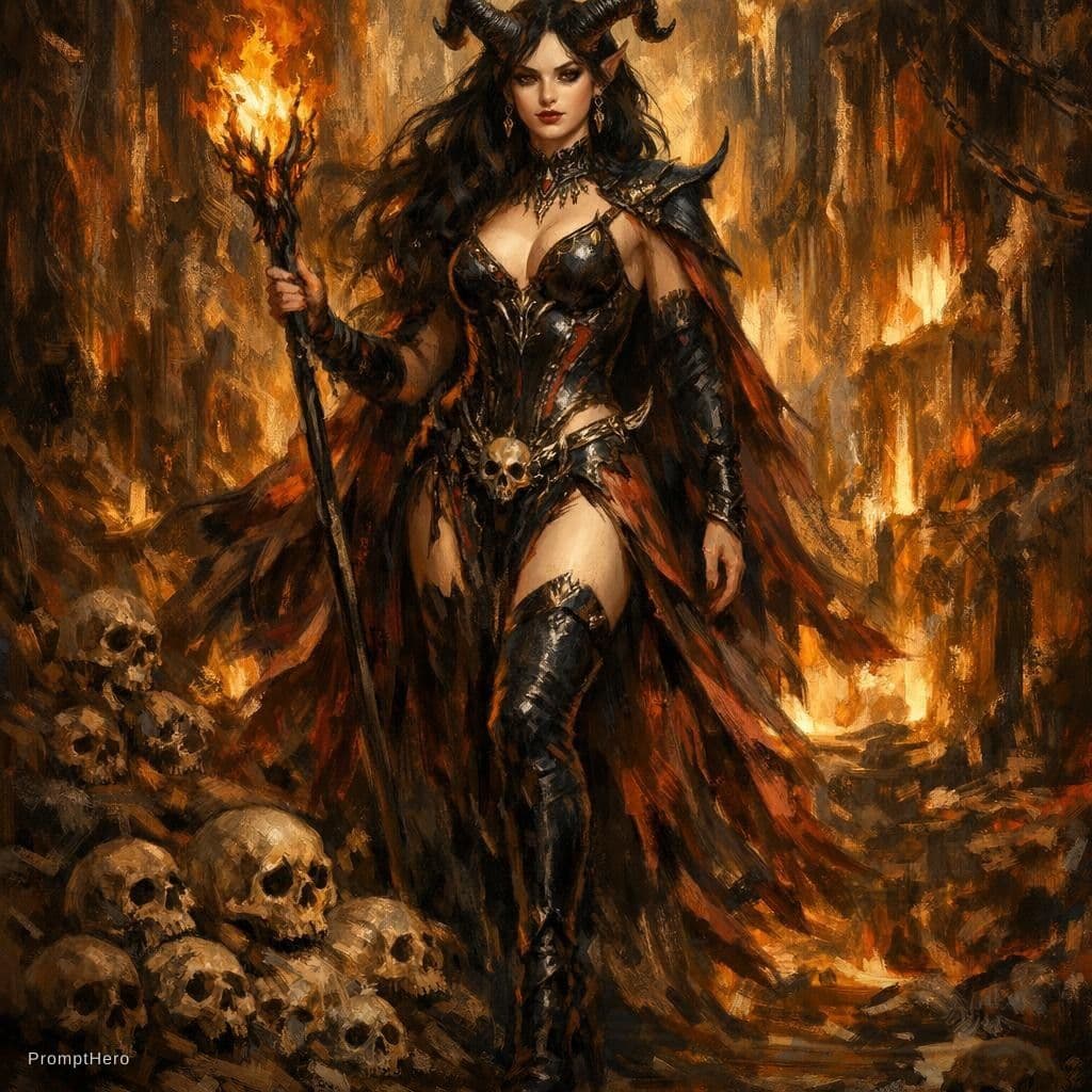 AI generated: A painting of full body shot of a young beautiful European female horned villains,hellish interior w...