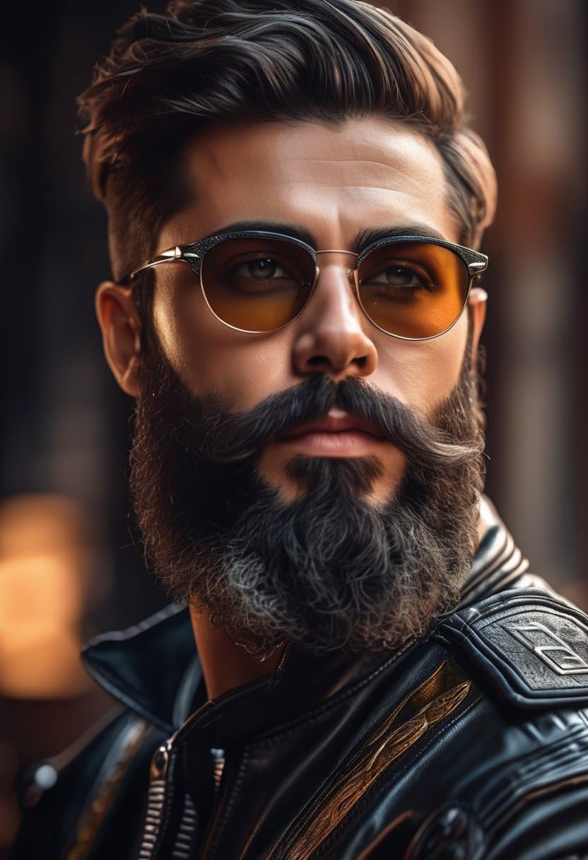 AI generated: an ultra-realistic portrait photograph of a masculine motorbike rider with glasses, a detailed beard...