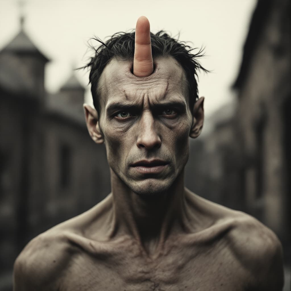 AI generated: A skinny male model. A finger is growing out of his forehead. Auschwitz.