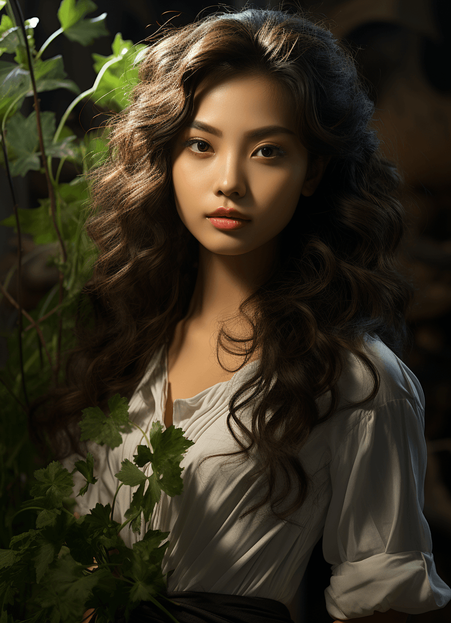 AI generated: korean girl's posing in light, in the style of light brown and white, ethereal foliage, exaggerated ...
