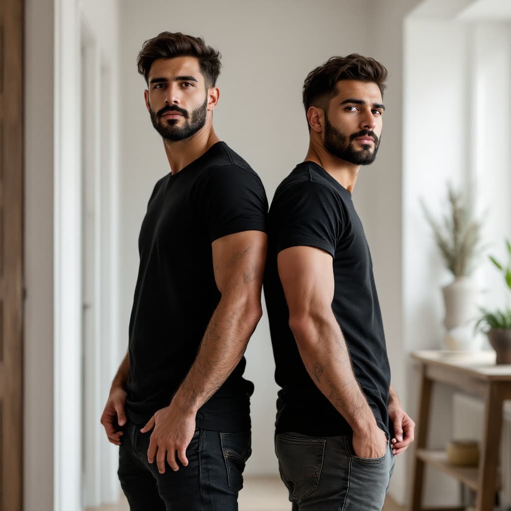 AI generated: create a picture of 2 latin men. Both are dressed with black t-shirts. One of them is standind ahead...