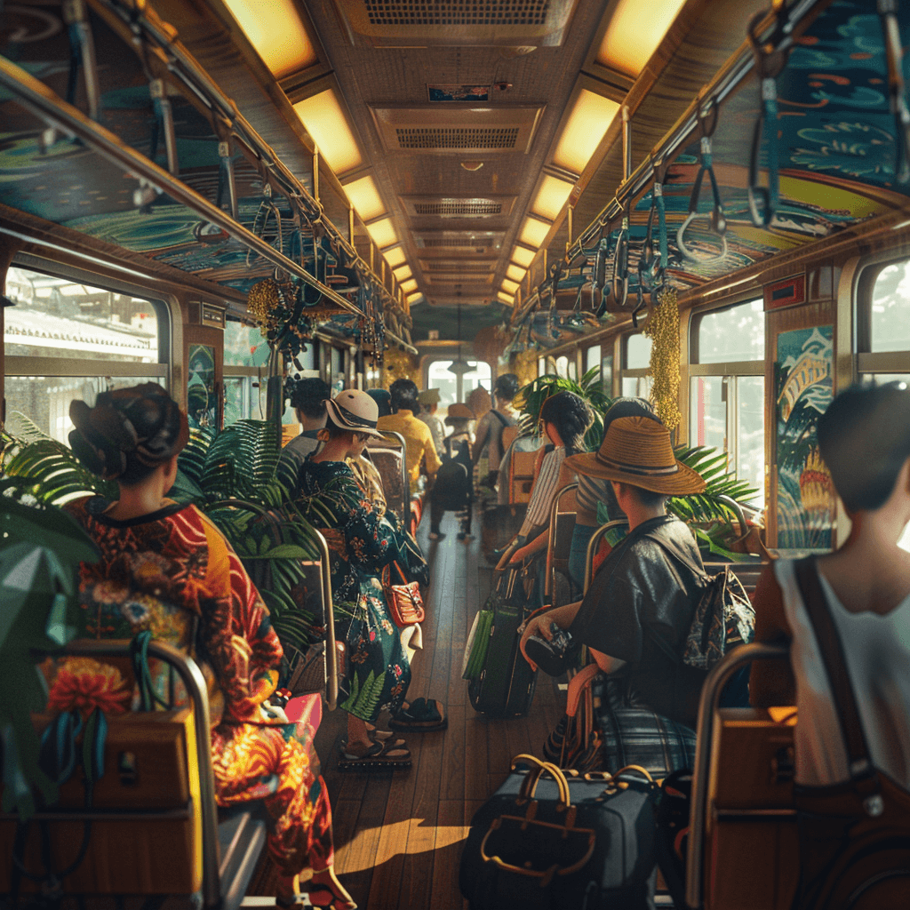 AI generated: A Japanese crowded train in the morning, fashionable people with detailed face. The style of interio...