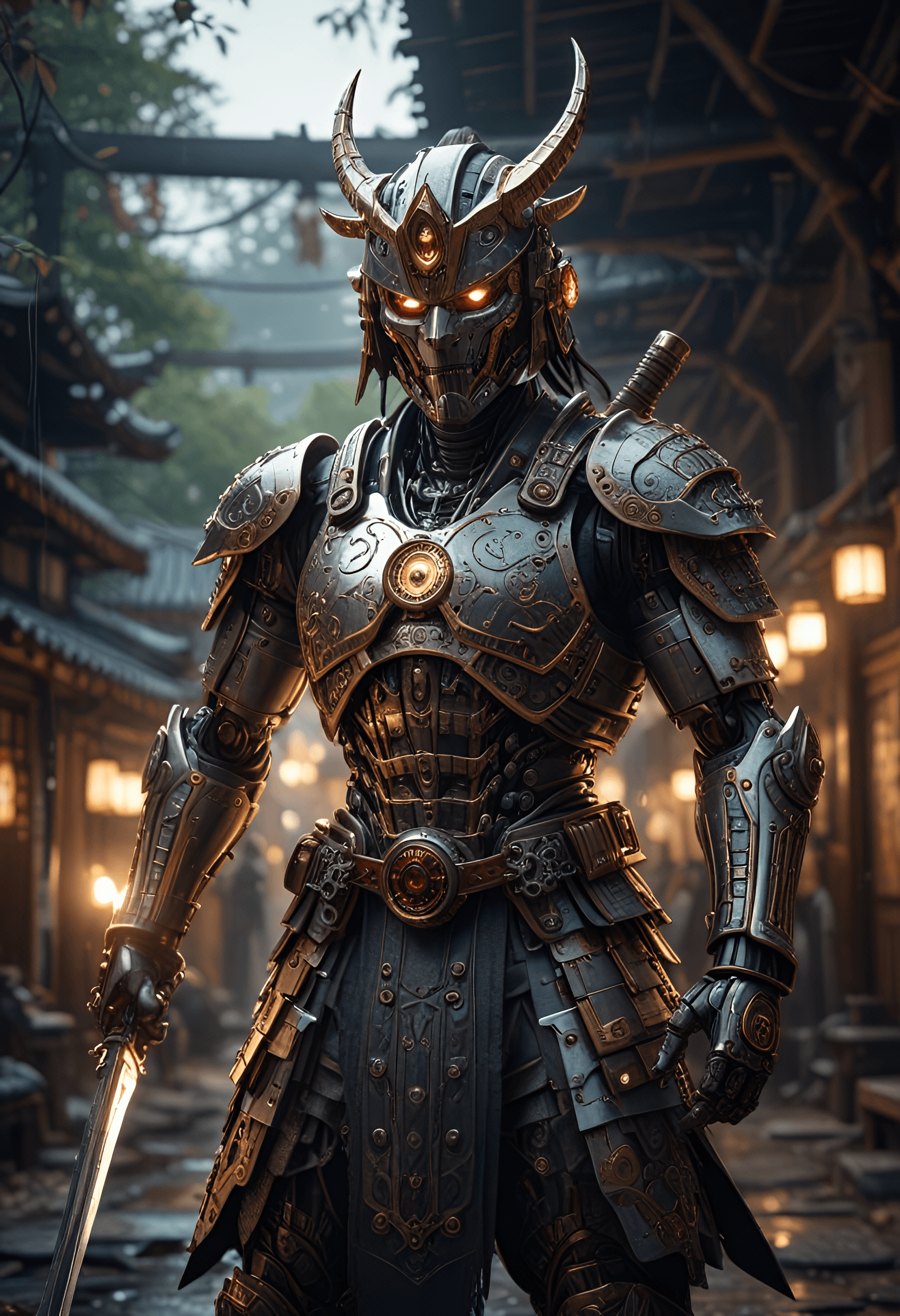 AI generated: a cyborg samurai in an ancient japanese ambiente,dynamic lights,lensflare,very beautiful,intricate d...