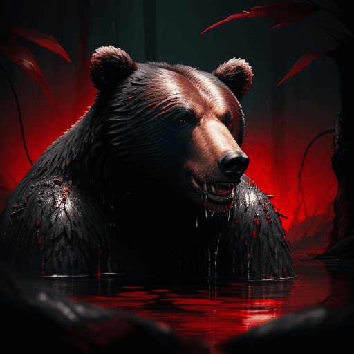 AI generated: bear with a grin, black veins, dripping drool, predatory plants, red splashes, red spots, against fi...