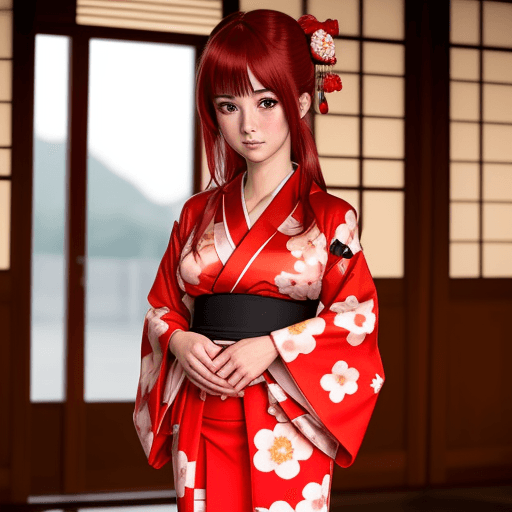 AI generated: chica anime en kimono rojo sin falda y sin ropa interior