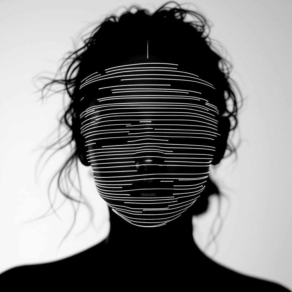 AI generated: black and white photography of the woman model face with lines. The head is made out of stripes of l...