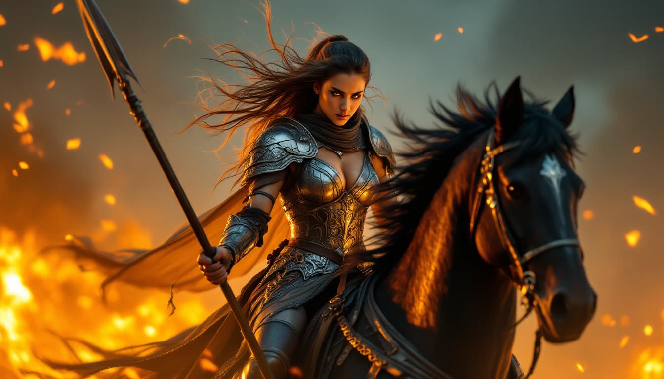 AI generated: A fierce warrior woman, adorned in intricately designed silver armor, rides a powerful black horse, ...