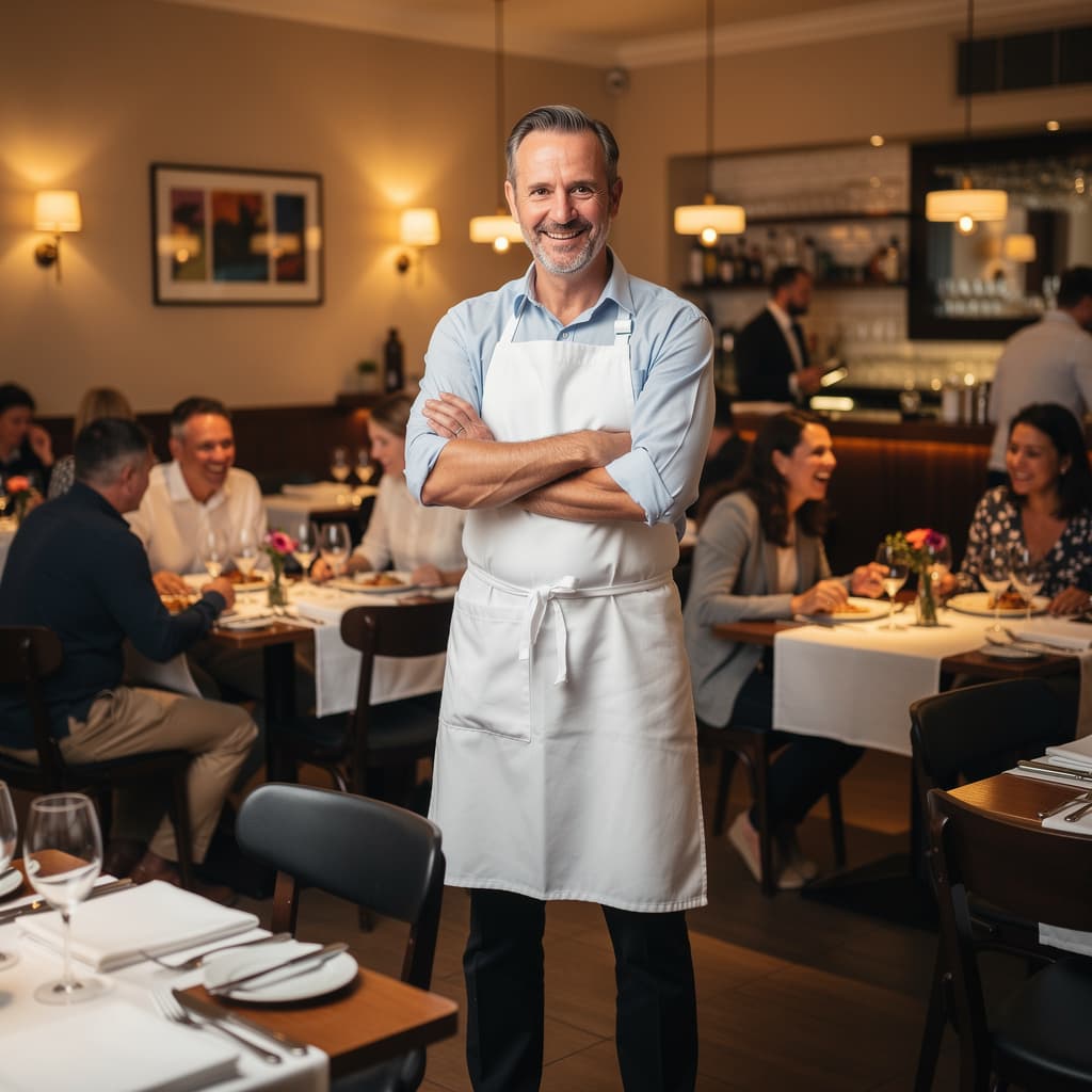 AI generated: "Hyper realistic photograph of a middle-aged restaurant owner standing confidently in his bustling r...
