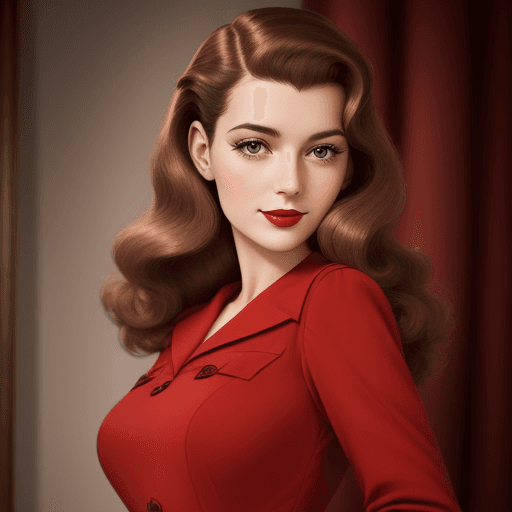 AI generated: A gorgeous, beautiful French woman with long 1940s brown styled hair wearing a red dress