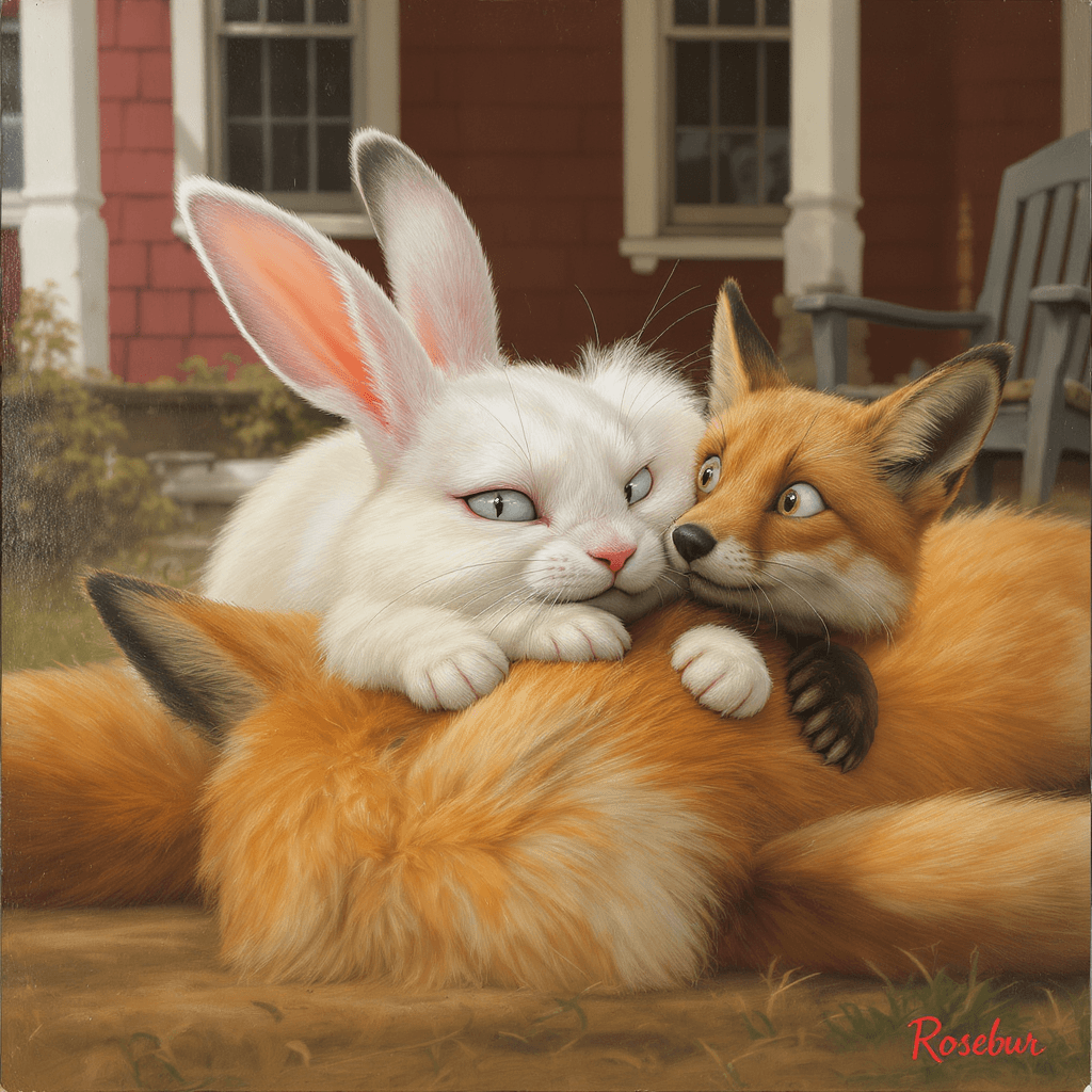AI generated: a highly detailed realistic humorous image of a cross-eyed white rabbit with a sly grin lying on top...
