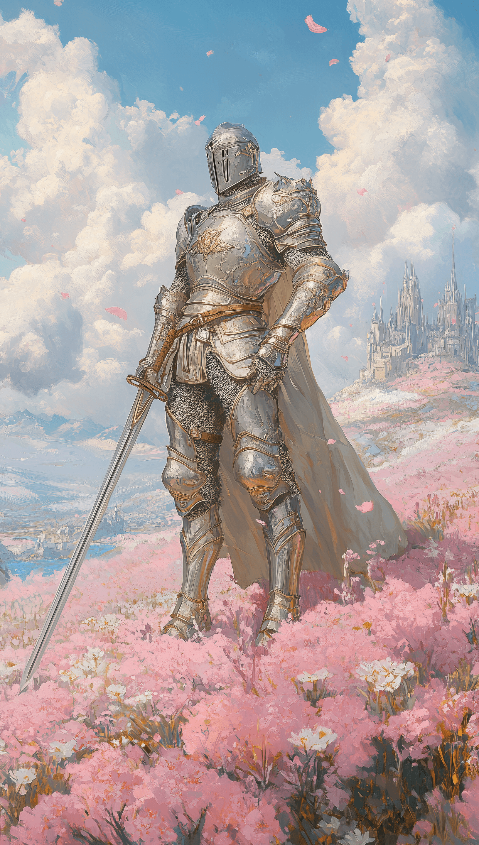 AI generated: A light fantasy painting in the style of Jean Giraud Moebius of an light knight with shiny armor, ho...