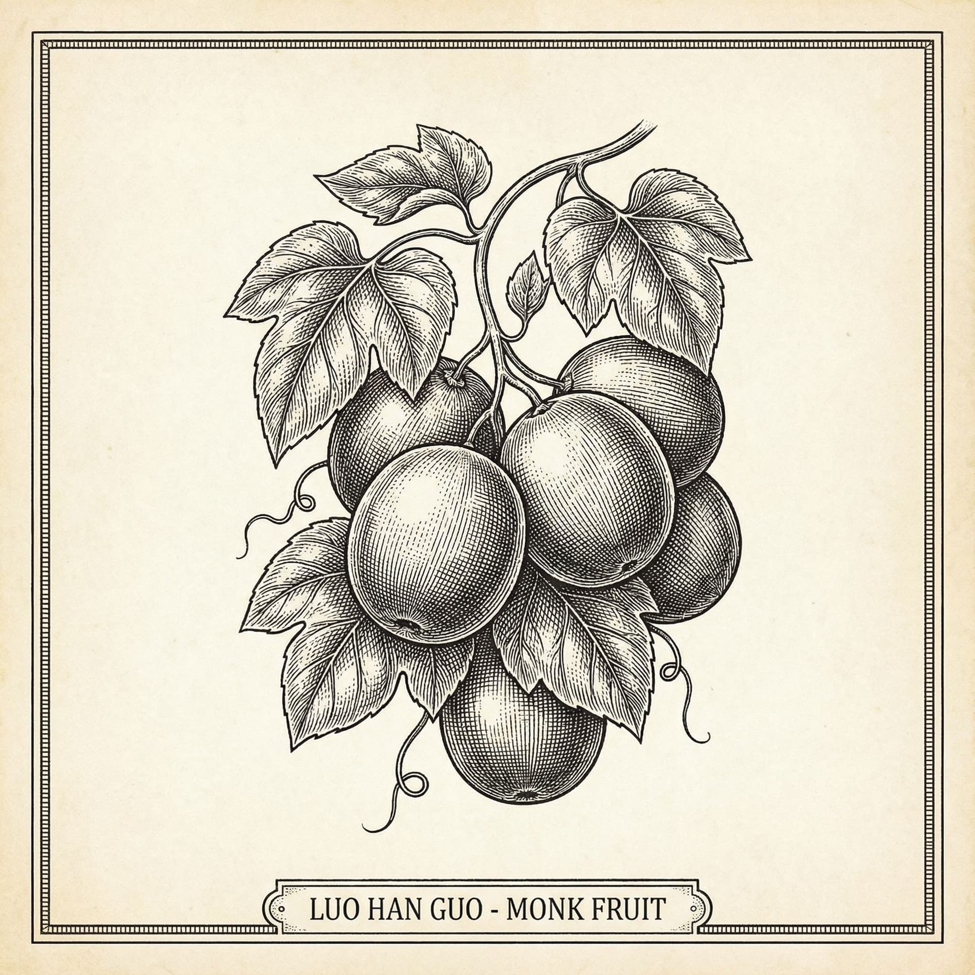 AI generated: Black and white illustration of monk fruit, in copperplate print style.--ar1:1
