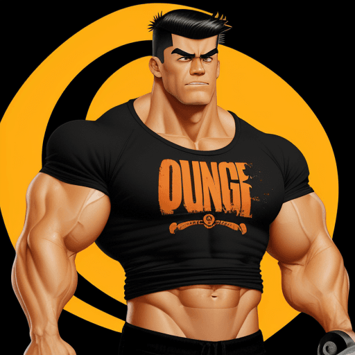 AI generated: 90s cartoon, logo, jacked penguin, abs, muscle, ripped black t-shirt,old orange fluo short, lifting ...