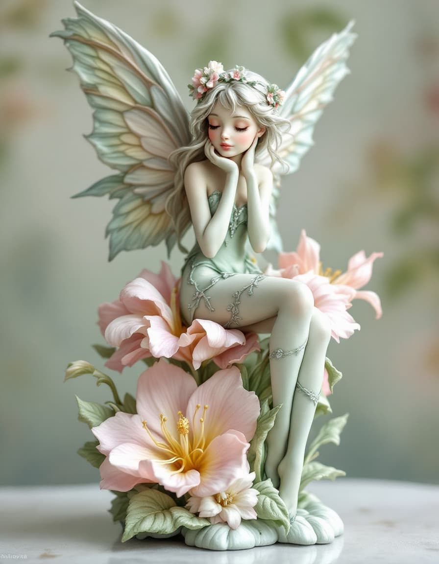 AI generated: Whimsical, Art Nouveau-inspired sculpture of a fairy perched on a blooming flower, photorealistic, h...