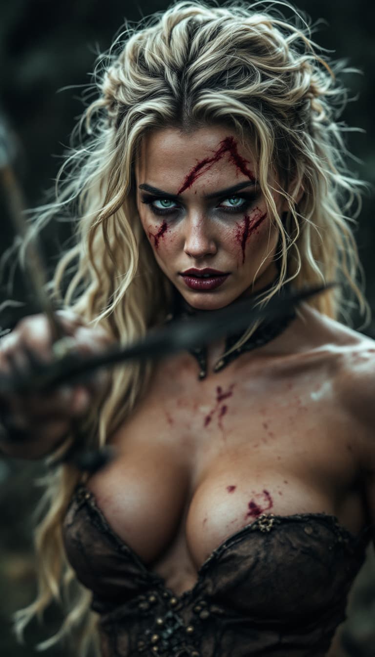 AI generated: high-resolution photograph, woman, ugly scar in the face, blonde, exposed body,  dramatic scene of o...