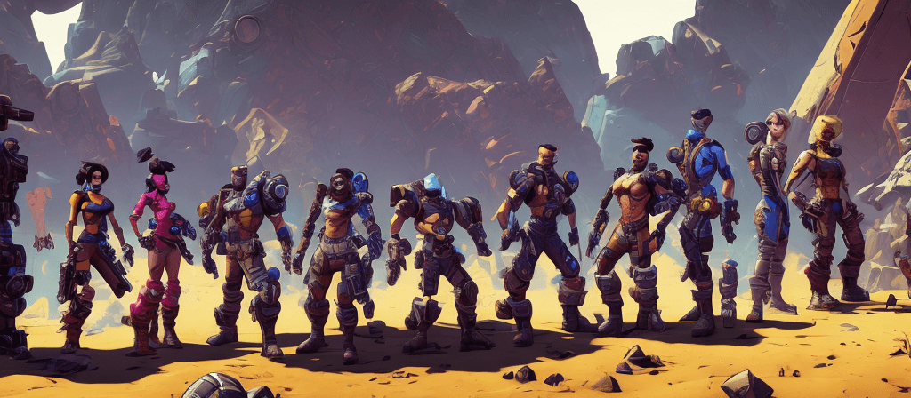 AI generated: landscape portrait of Vault Hunters from borderlands 3, au naturel, hyper detailed, digital art, tre...
