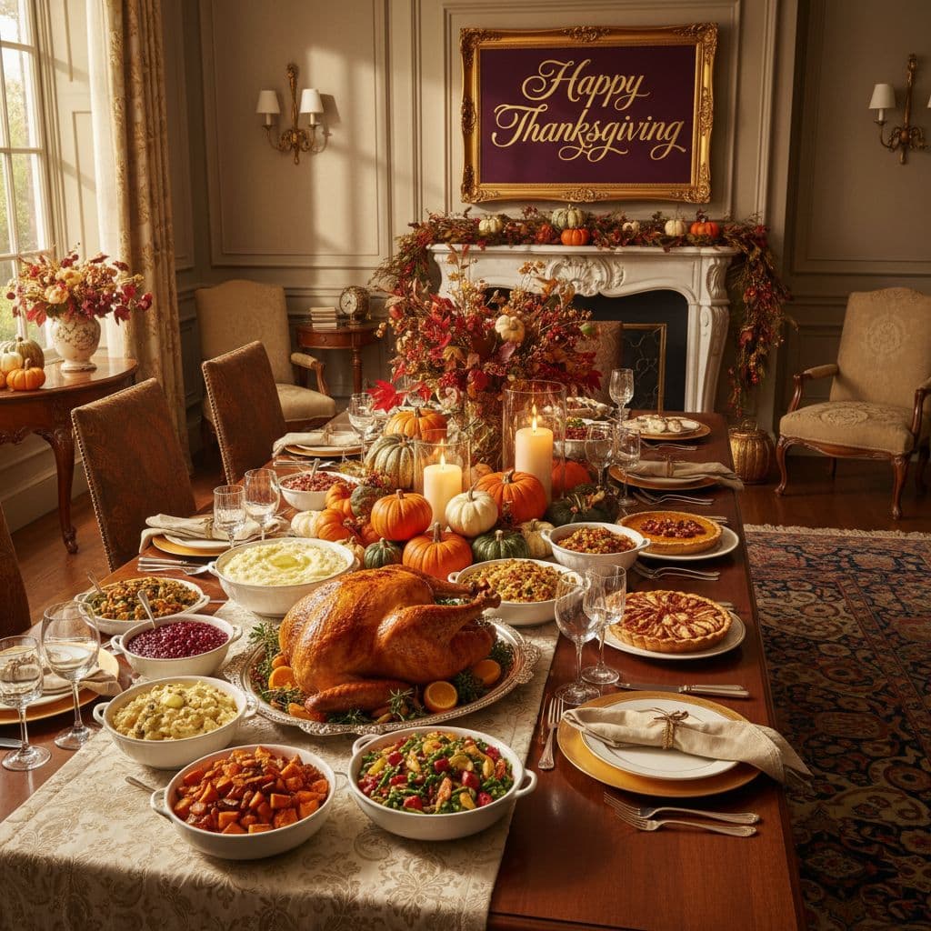 AI generated: A realistic, elegant Thanksgiving buffet spread arranged in a warmly lit dining room. The dining tab...