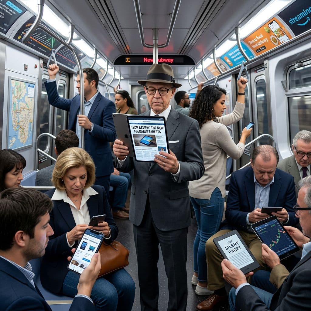AI generated: Make modern version of this with modern phones and tablets for the people to read on
