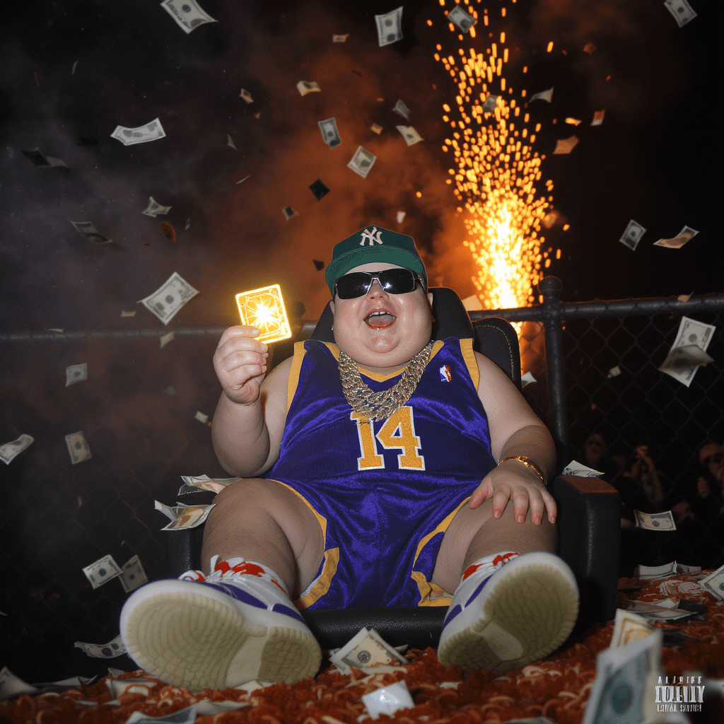 AI generated: A LITTLE WHITE FAT 4 YEAR OLD BABYBOY SITTING IN A LOWRIDER, LAUGHING, FULL OF JOY, LOOKING AT ONE G...