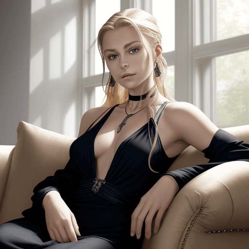 AI generated: A woman seated on a sofa, facing the camera directly, with blonde hair pulled back and a few loose s...