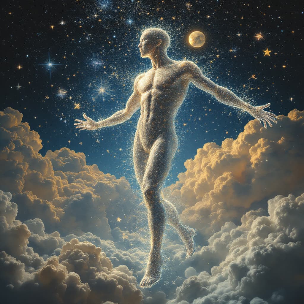 AI generated: Uma figura masculina surreal de corpo feito de vidro transparente, dançando em um céu cheio de espel...