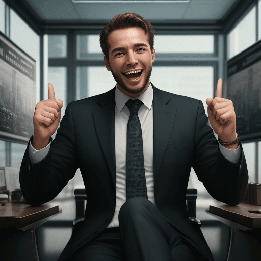 AI generated: cheerful business man celebrating success, with a lot of detail, high quality image, cinematic, hype...