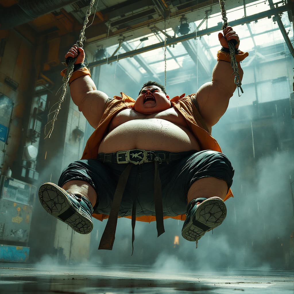 AI generated: medium shot of a super fat guy, zumo fighter dress like a sketchy spiderman hanged from the ceiling ...