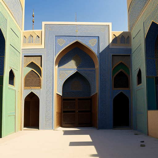 AI generated: A 3 floor building in Isfahan, nearby a mosque, end of a small alley, at noon.