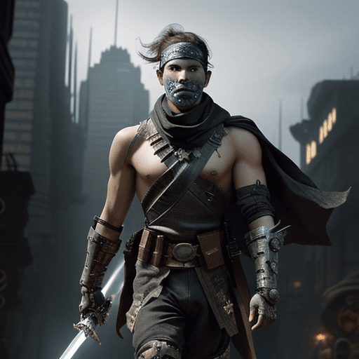 AI generated: A mechanized warrior with sword in his hand and bandana on his head marching towards the gotham city...