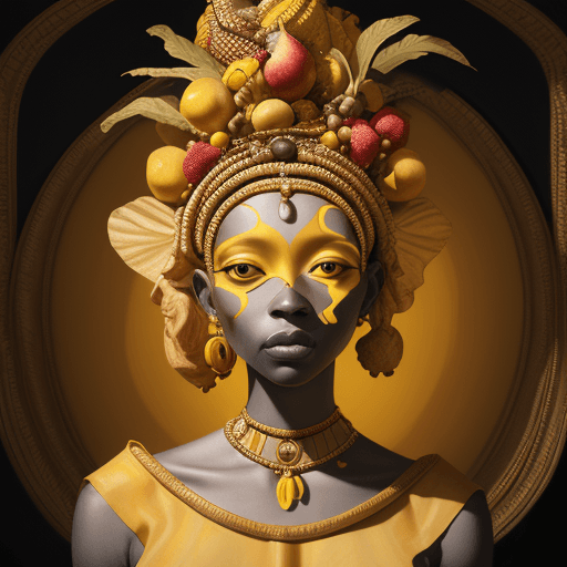 AI generated: a mural of woman on a yellow wall with fruit on her head, in the style of ingrid baars, 32k uhd, ben...