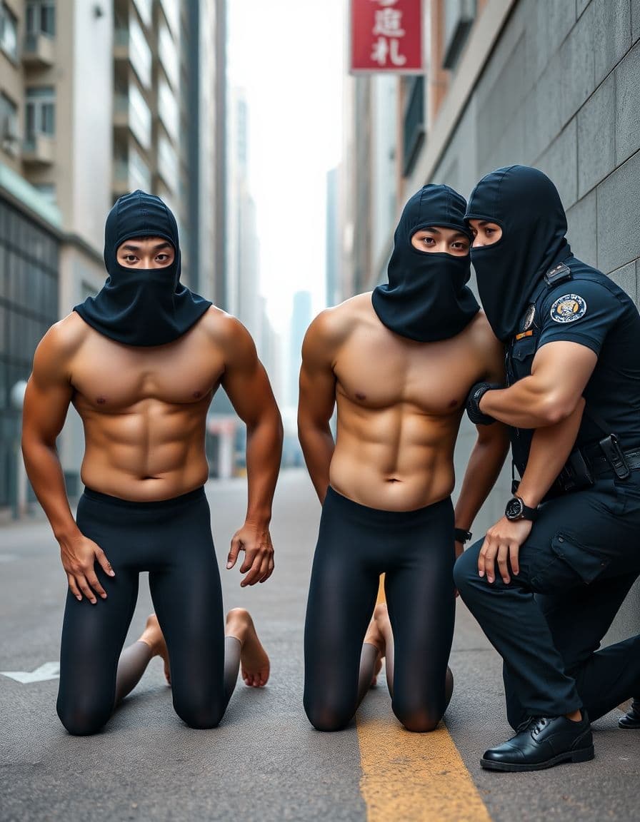 AI generated: Police arrest three male Chinese swimmers wearing compression racing jammers on a street next to a w...