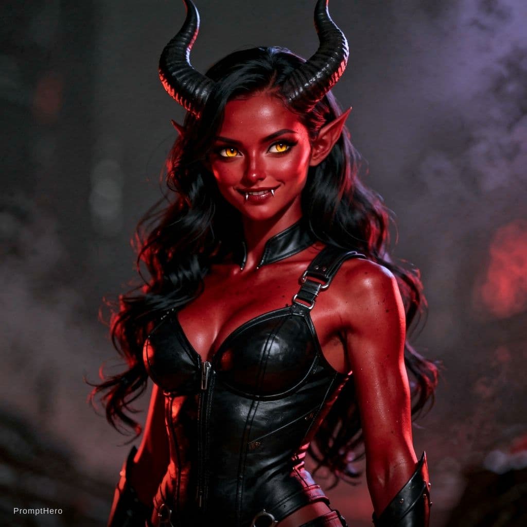 AI generated: slim demon girl with red skin and sleek horns