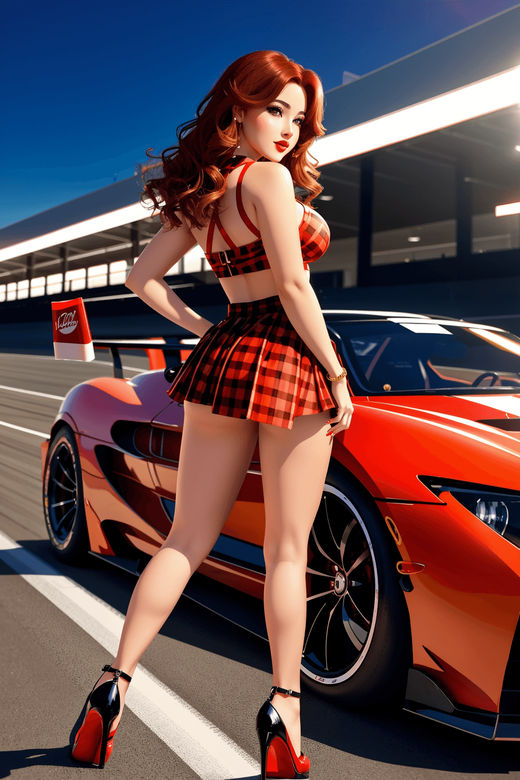 AI generated: nsfw, full body photo of one grid girl standing at the pits, from behind, long auburn hair, checkere...