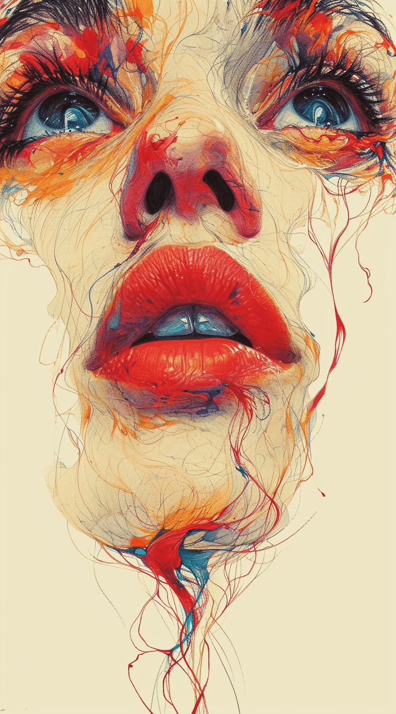AI generated: a drawing of a woman's face in art form, in the style of colorful complexity, martin ansin, trapped ...